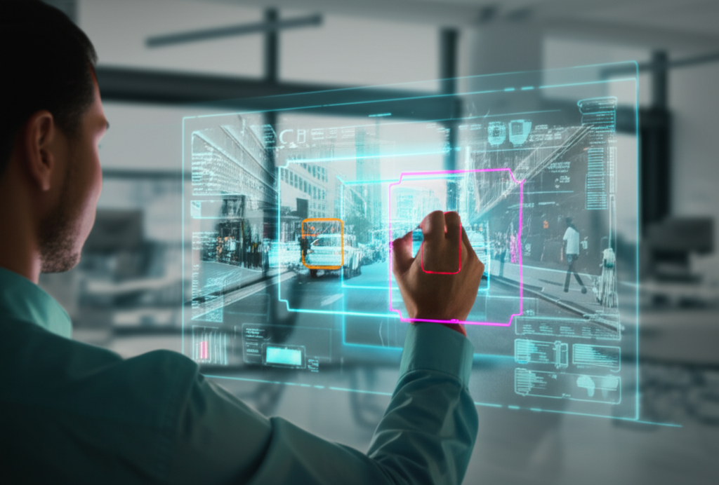 Специалист использует интерфейс, чтобы показать, что такое разметка данных на примере городской среды для обучения AI.