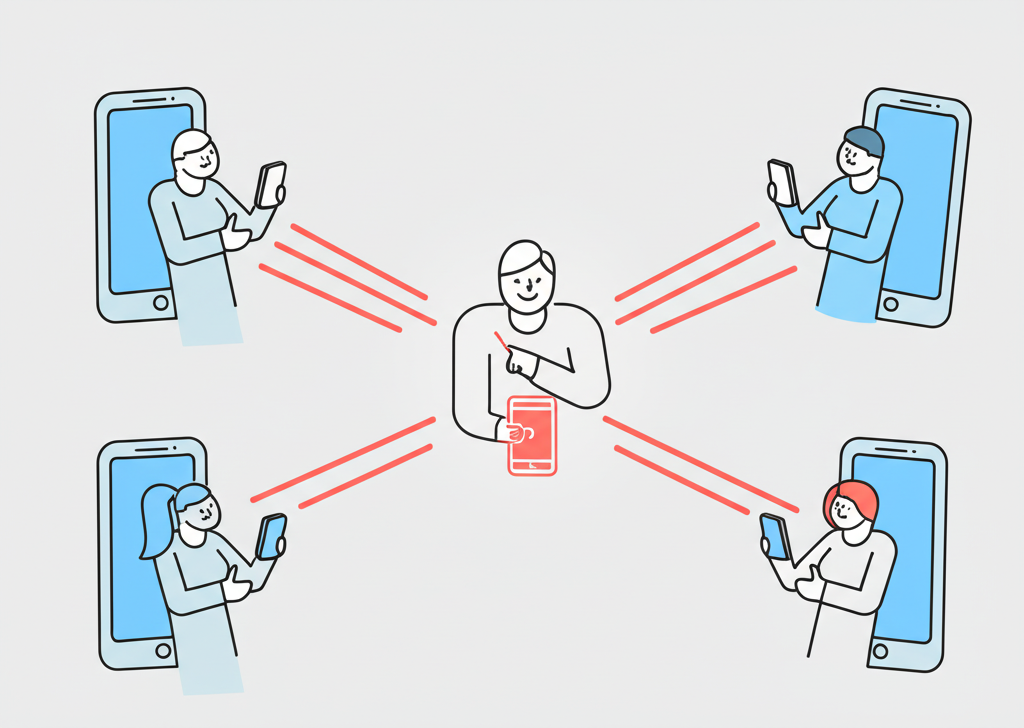 Стилизованная инфографика, иллюстрирующая что такое рекомендательный маркетинг через сеть довольных клиентов.