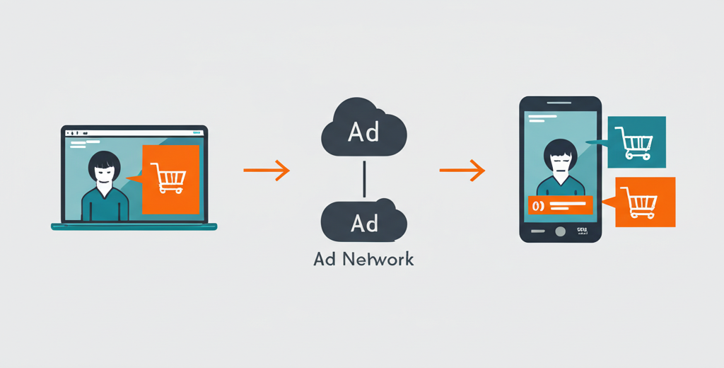 Схематичное изображение, объясняющее что такое ретаргетинг настройка кампании: путь пользователя от сайта до показа целевой рекламы.