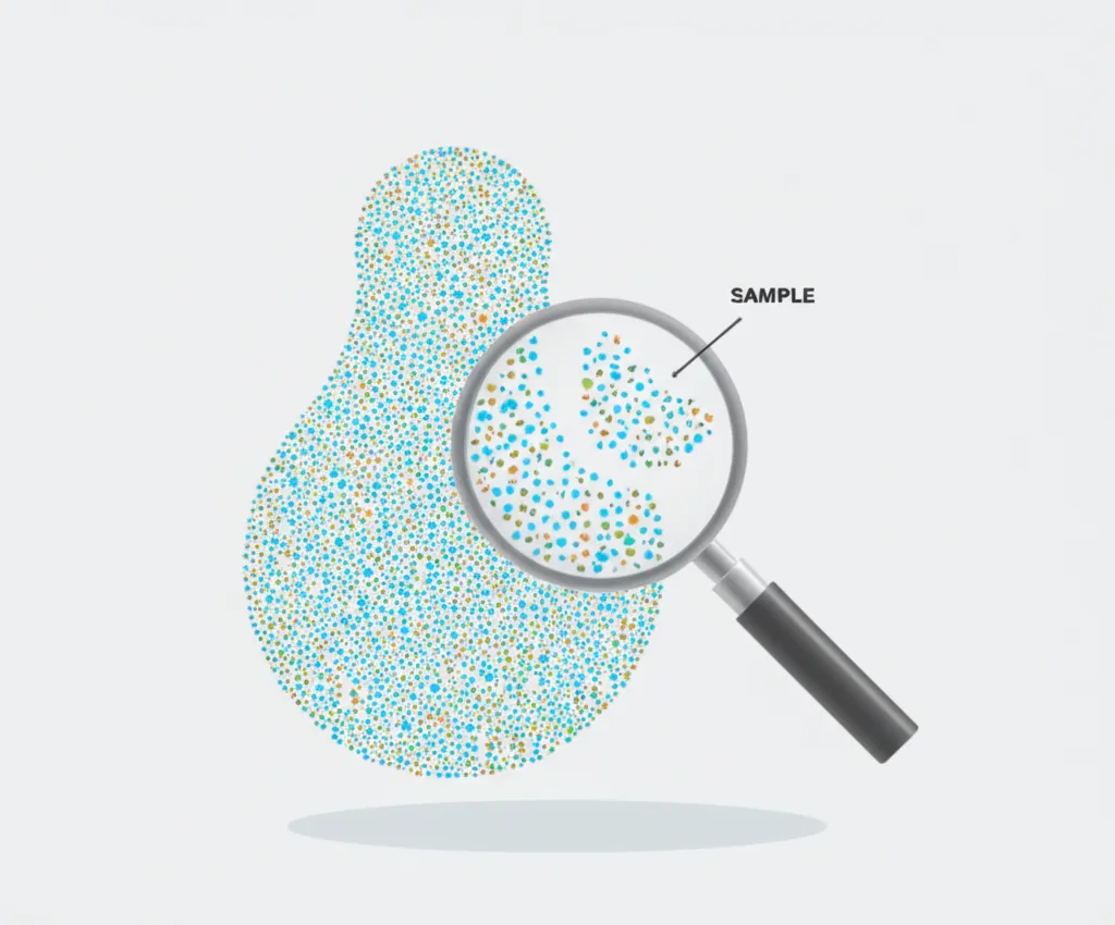 Визуальная схема, объясняющая, что такое сэмплинг: из большой группы элементов выбирается репрезентативная часть для анализа.
