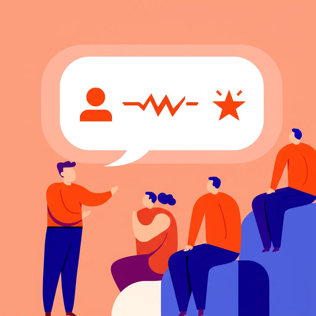 Иллюстрация, объясняющая, что такое сторителлинг как пользоваться им на практике: человек рассказывает историю группе слушателей.