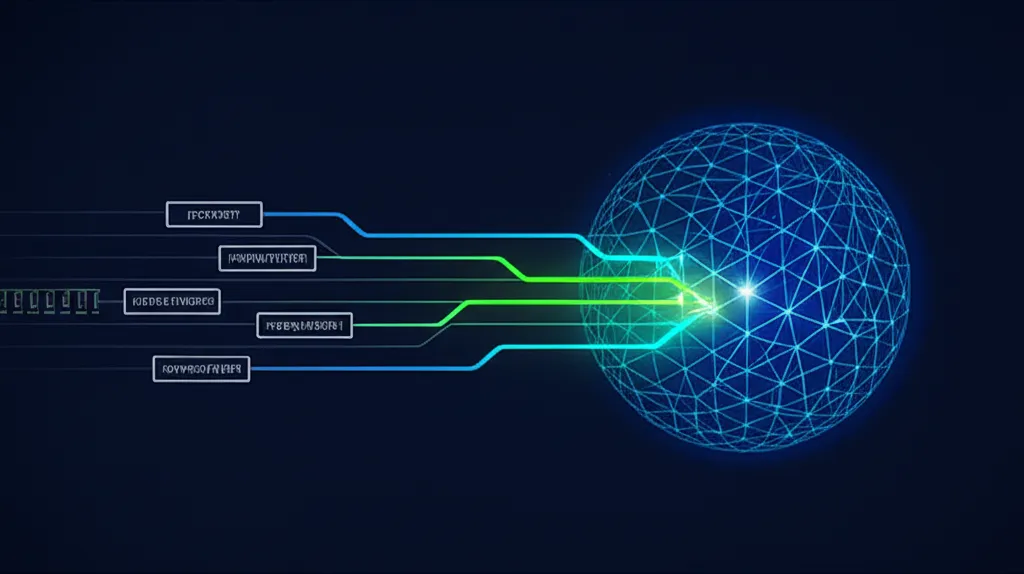 Абстрактная визуализация, объясняющая, что такое supervised fine-tuning в LLM: нейросеть получает данные и специализируется