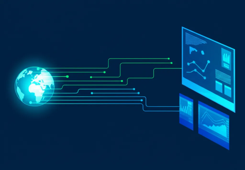 Инфографика, объясняющая, что такое веб-скрапинг и как он помогает бизнесу 2025, показывая процесс сбора данных.