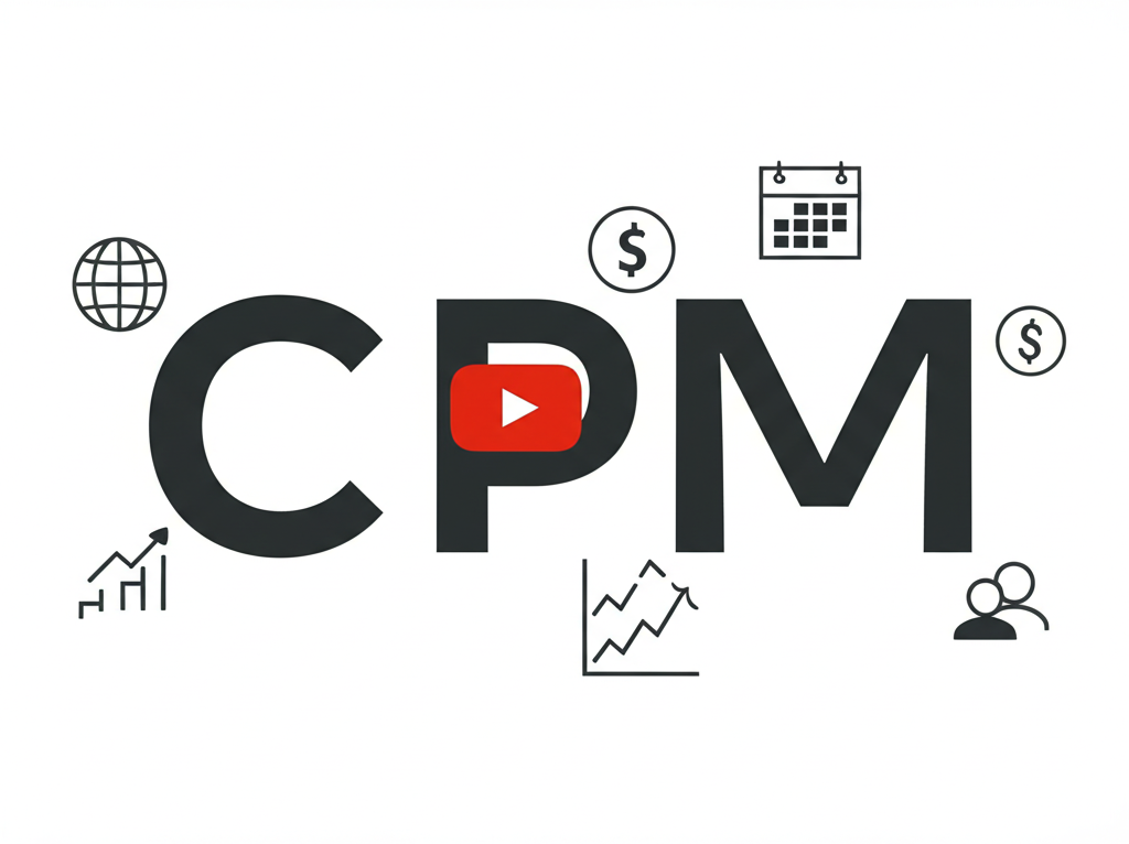 Инфографика, объясняющая, что такое YouTube CPM, с иконками ключевых факторов