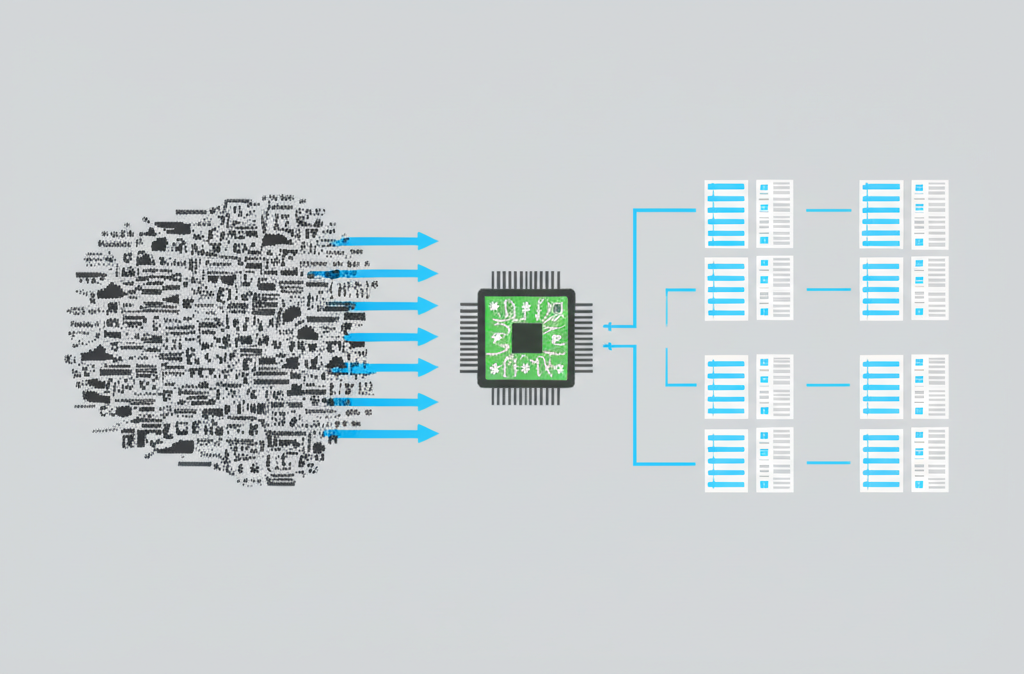 Иллюстрация, наглядно объясняющая, что значит парсинг в программировании: преобразование хаотичных данных в структурированную информацию.