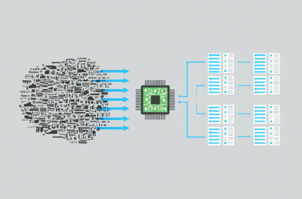 Иллюстрация, наглядно объясняющая, что значит парсинг в программировании: преобразование хаотичных данных в структурированную информацию.