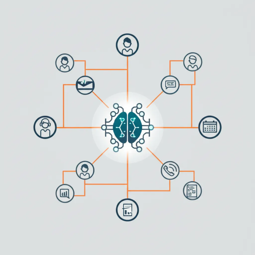 Иллюстрация, демонстрирующая руководство для начинающих по CRM управление взаимоотношениями с клиентами, где центральный узел связан с иконками покупателей и данных.