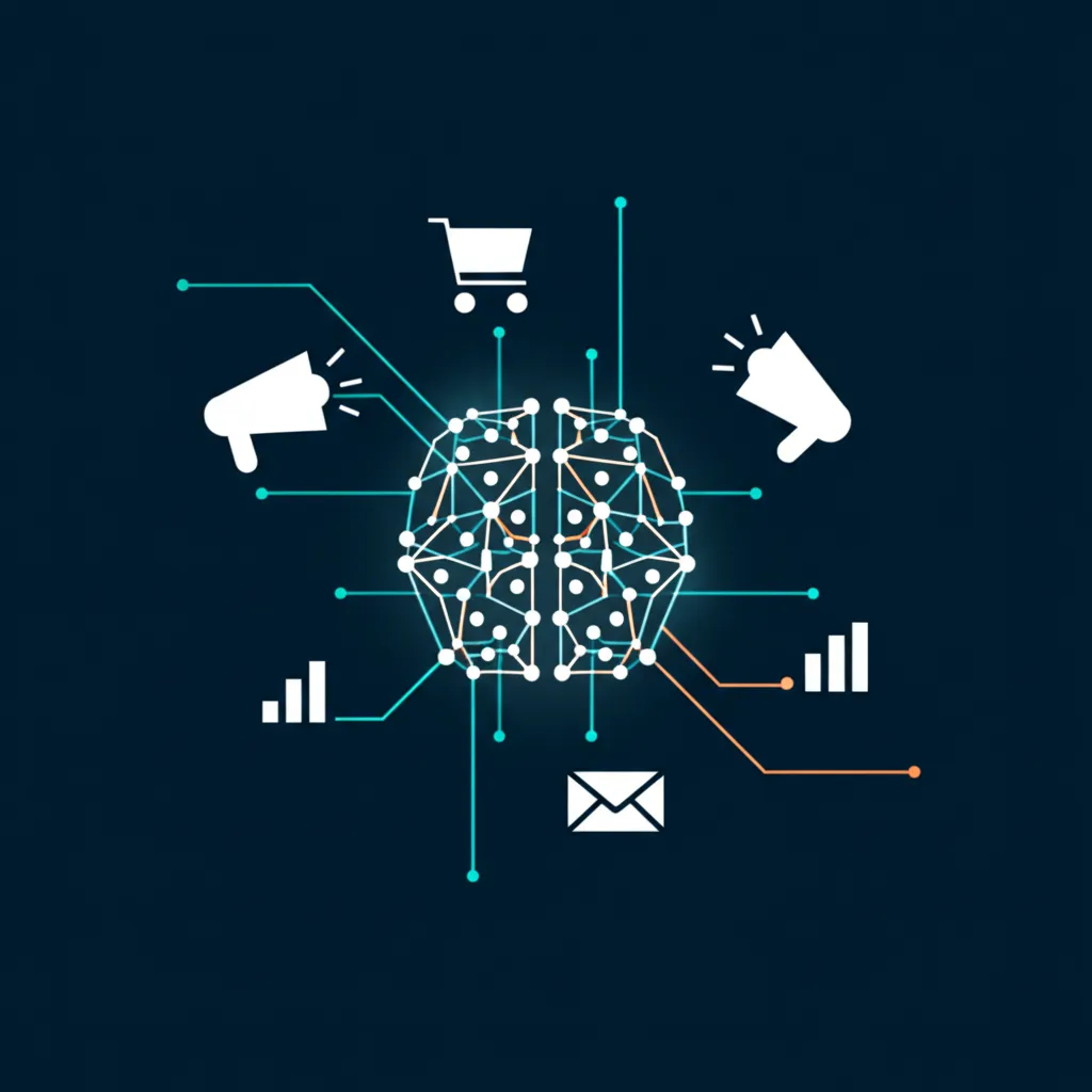Схематичное изображение, иллюстрирующее data science в маркетинге: процессы и успехи, где мозг из данных связан с иконками маркетинга.