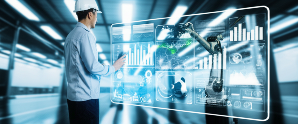 Инженер анализирует голографические данные, иллюстрируя применение data science в производстве 2025 на фоне роботизированной линии.