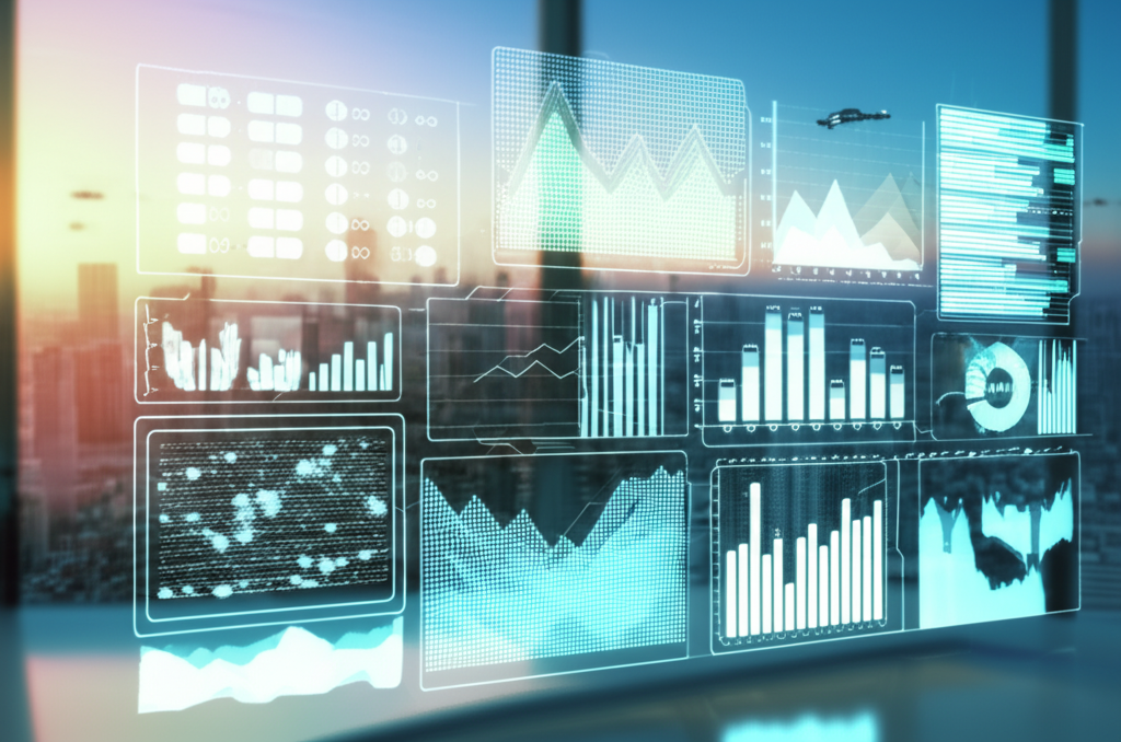 Визуализация данных из набора Датасет ЭкоПульс Городов на фоне футуристического мегаполиса