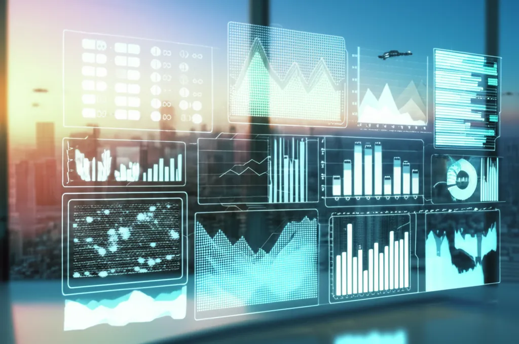 Визуализация данных из набора Датасет ЭкоПульс Городов на фоне футуристического мегаполиса