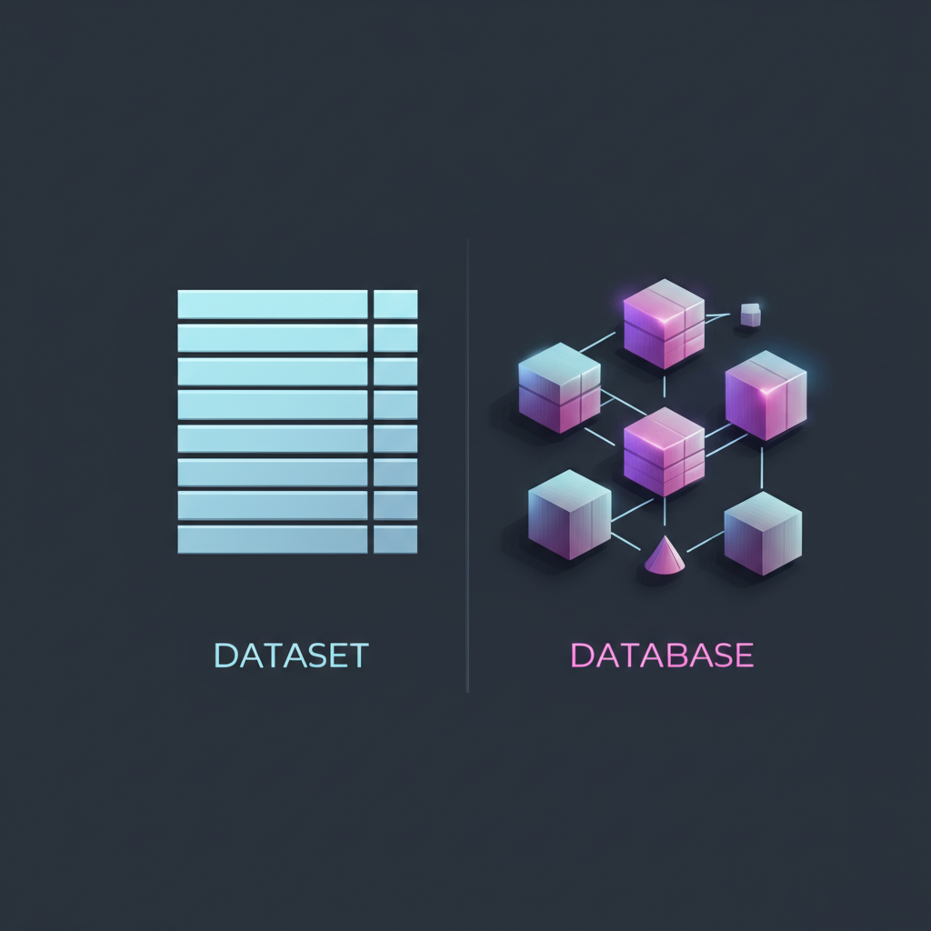 Схематичное сравнение dataset vs database, где показана разница между статичным набором данных и динамичной системой.