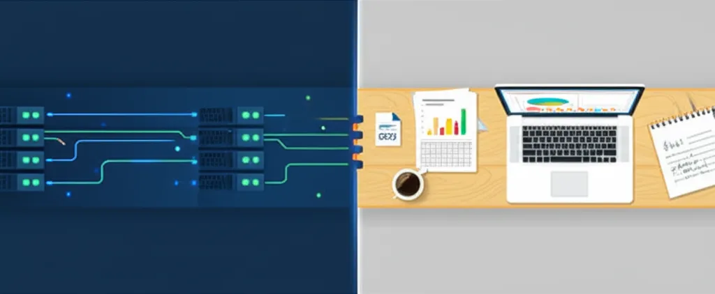 Визуальное сравнение datasets vs databases в чем разница: структурированный сервер и стол с аналитическими отчетами.