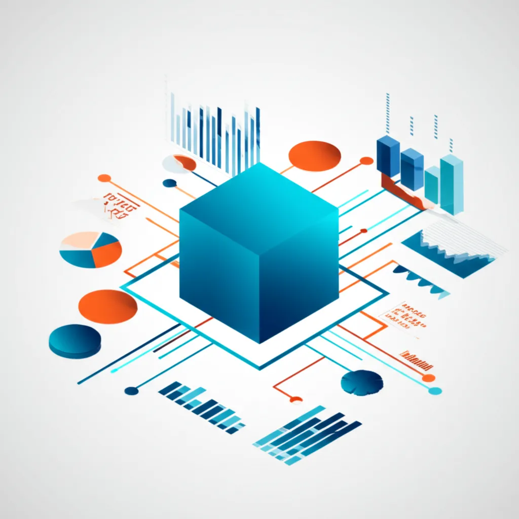 Абстрактная визуализация, иллюстрирующая датасеты для анализа рынка в виде графиков и связанных данных.