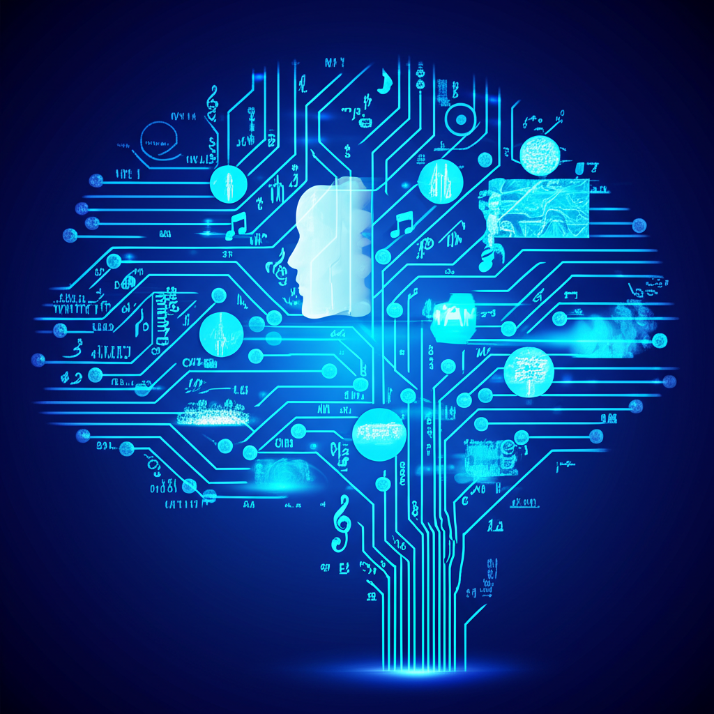 Абстрактная визуализация нейросети, которая обрабатывает датасеты для генеративных моделей и создает новый контент.