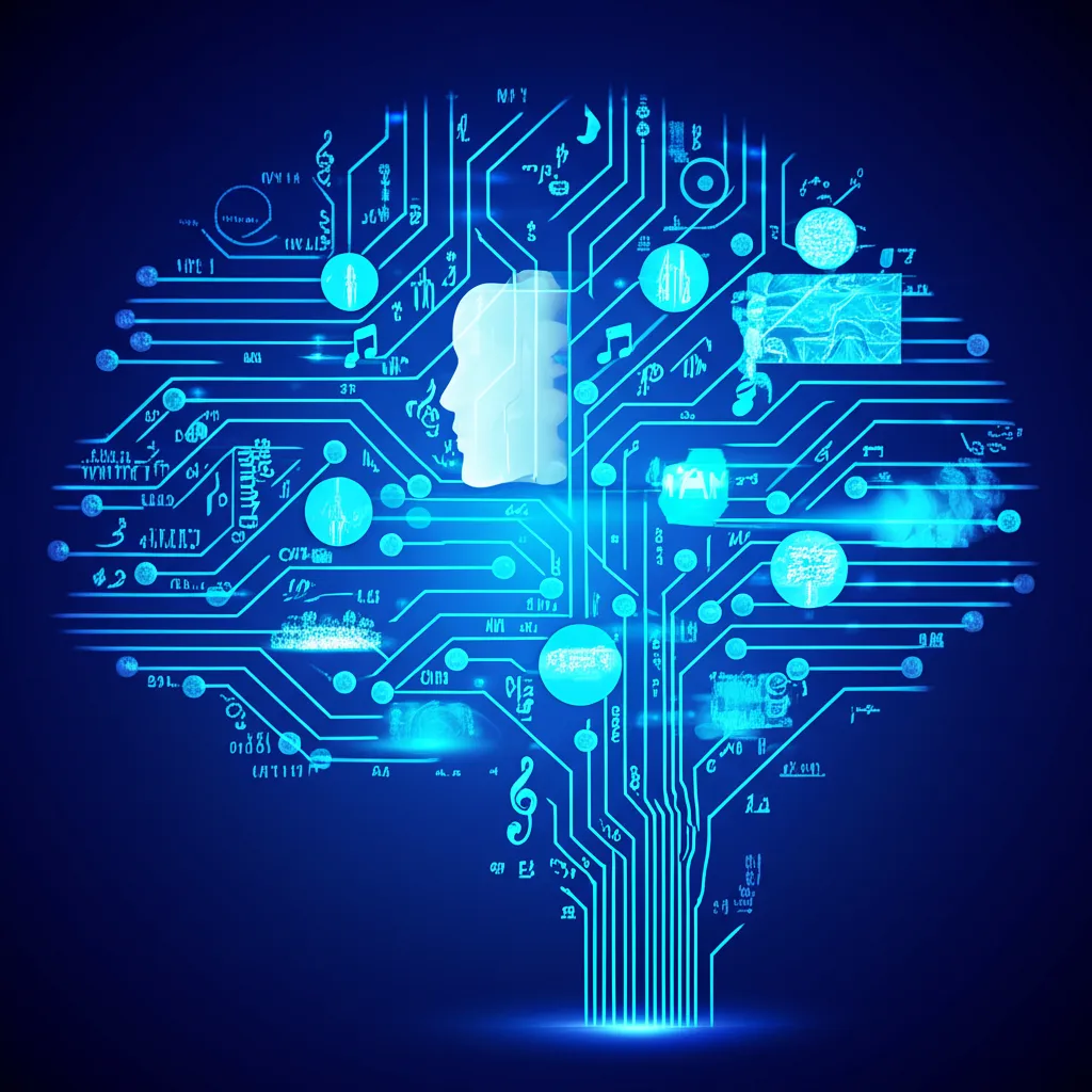 Абстрактная визуализация нейросети, которая обрабатывает датасеты для генеративных моделей и создает новый контент.