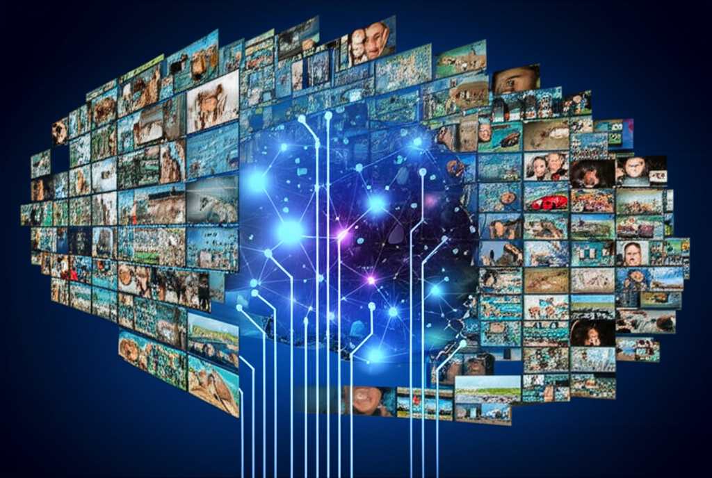 Абстрактная визуализация, где показаны датасеты для компьютерного зрения в виде сети связанных изображений.