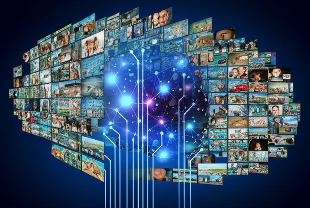 Абстрактная визуализация, где показаны датасеты для компьютерного зрения в виде сети связанных изображений.