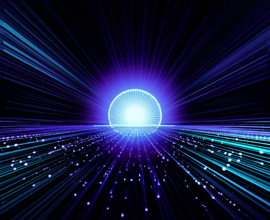 Абстрактная визуализация, где датасеты для обучения в виде потоков информации питают центральную нейронную сеть.