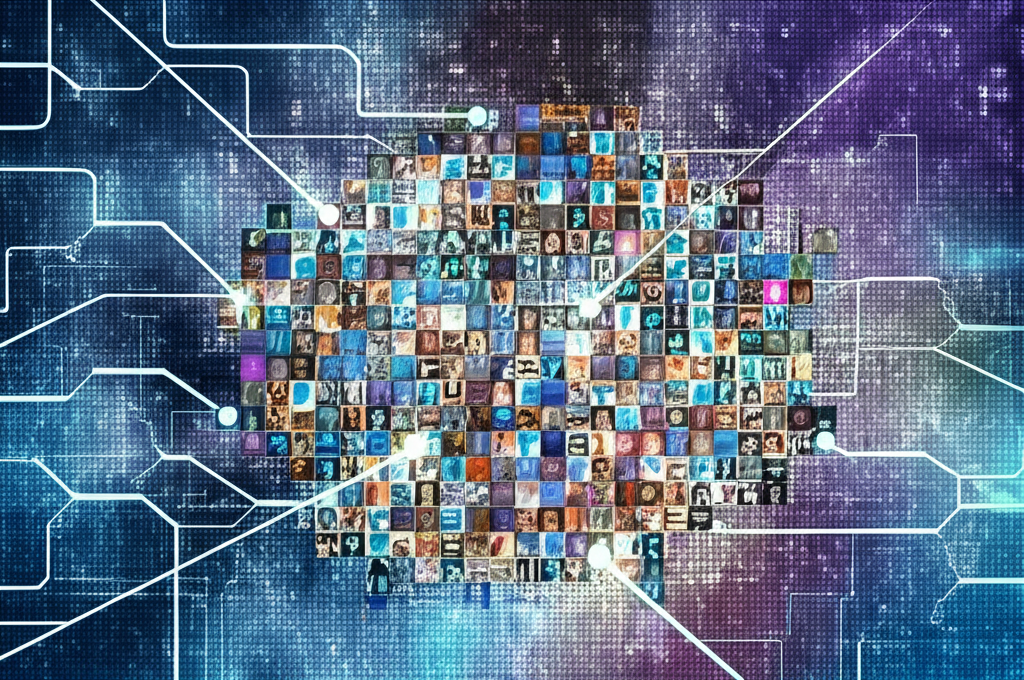 Абстрактная визуализация, где датасеты для распознавания лиц представлены как связанные узлы нейронной сети.