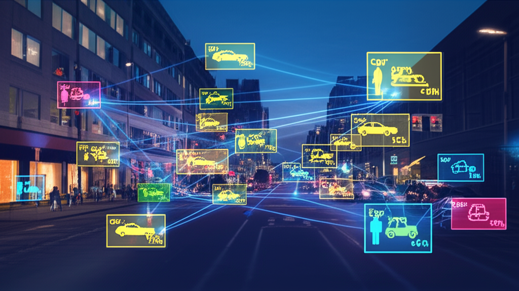 Визуализация работы нейросети, где датасеты для распознавания объектов помогают идентифицировать машины и людей на улице