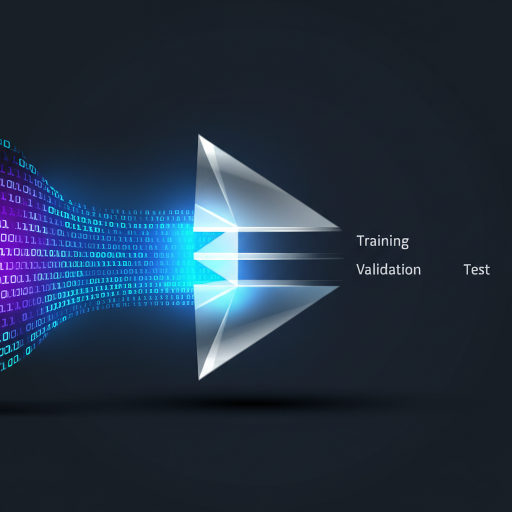 Абстрактная визуализация процесса, где используются датасеты для валидации в машинном обучении.