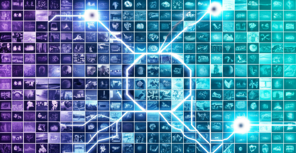 Абстрактная визуализация, на которой качественные датасеты фото анализируются алгоритмом искусственного интеллекта.