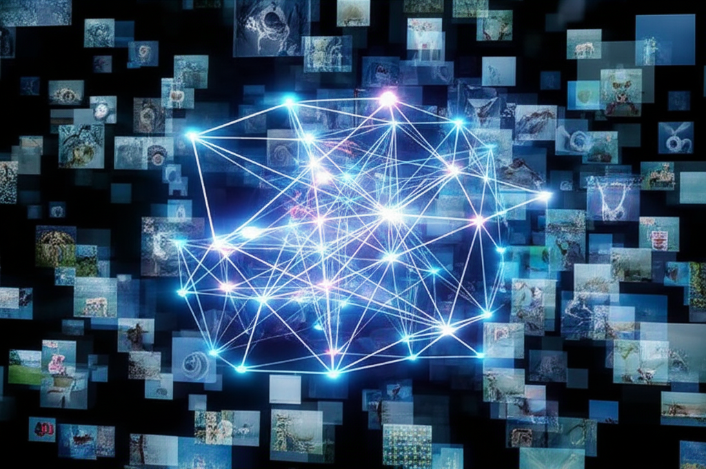 Визуализация нейросети, которая обрабатывает большие датасеты картинок для обучения.