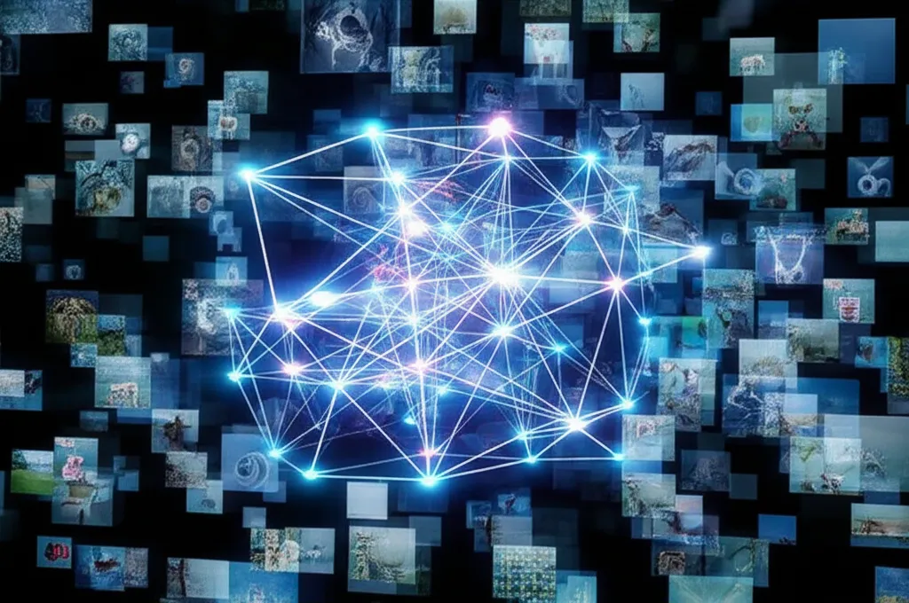 Визуализация нейросети, которая обрабатывает большие датасеты картинок для обучения.