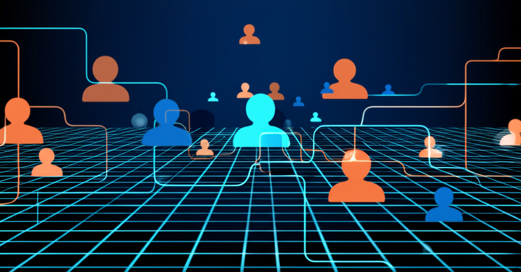 Абстрактная визуализация, иллюстрирующая датасеты пользователей в виде светящейся сетки и иконок людей.