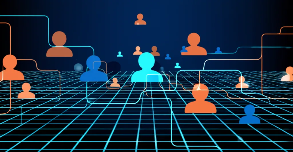 Абстрактная визуализация, иллюстрирующая датасеты пользователей в виде светящейся сетки и иконок людей.