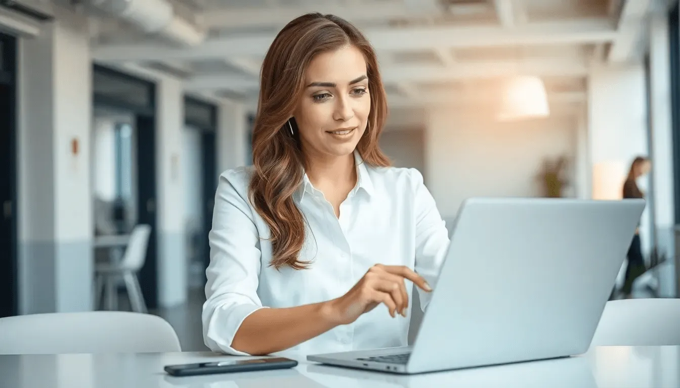 деловая женщина в офисе с ноутбуком, работает с данными