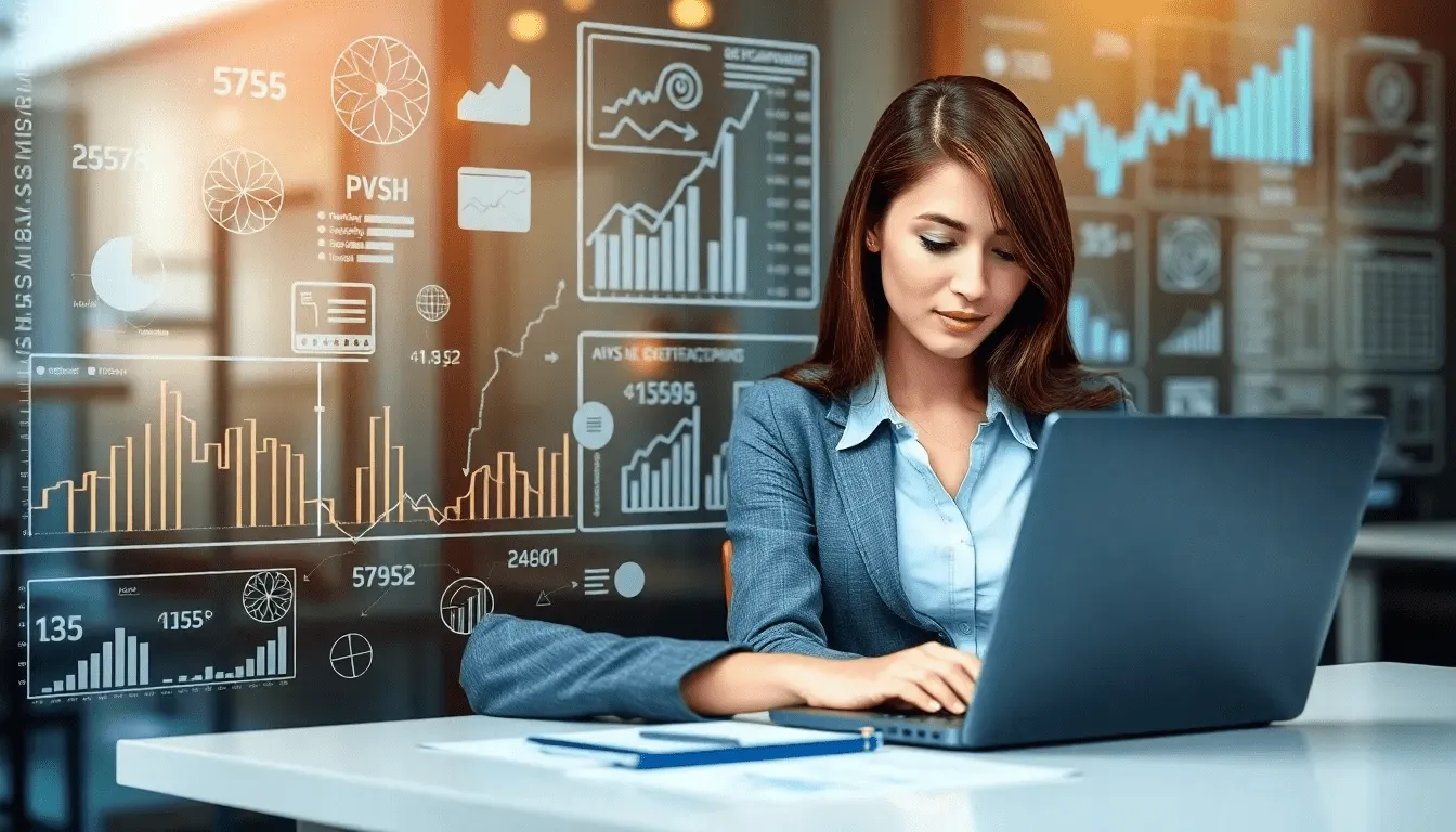 Девушка анализирует данные за ноутбуком