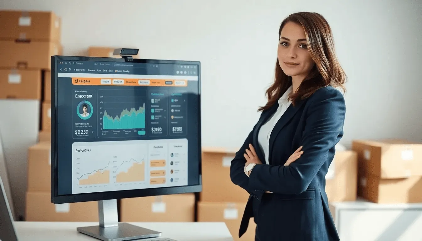 Девушка-менеджер анализирует продвижение на Озон, смотрит на графики в личном кабинете продавца