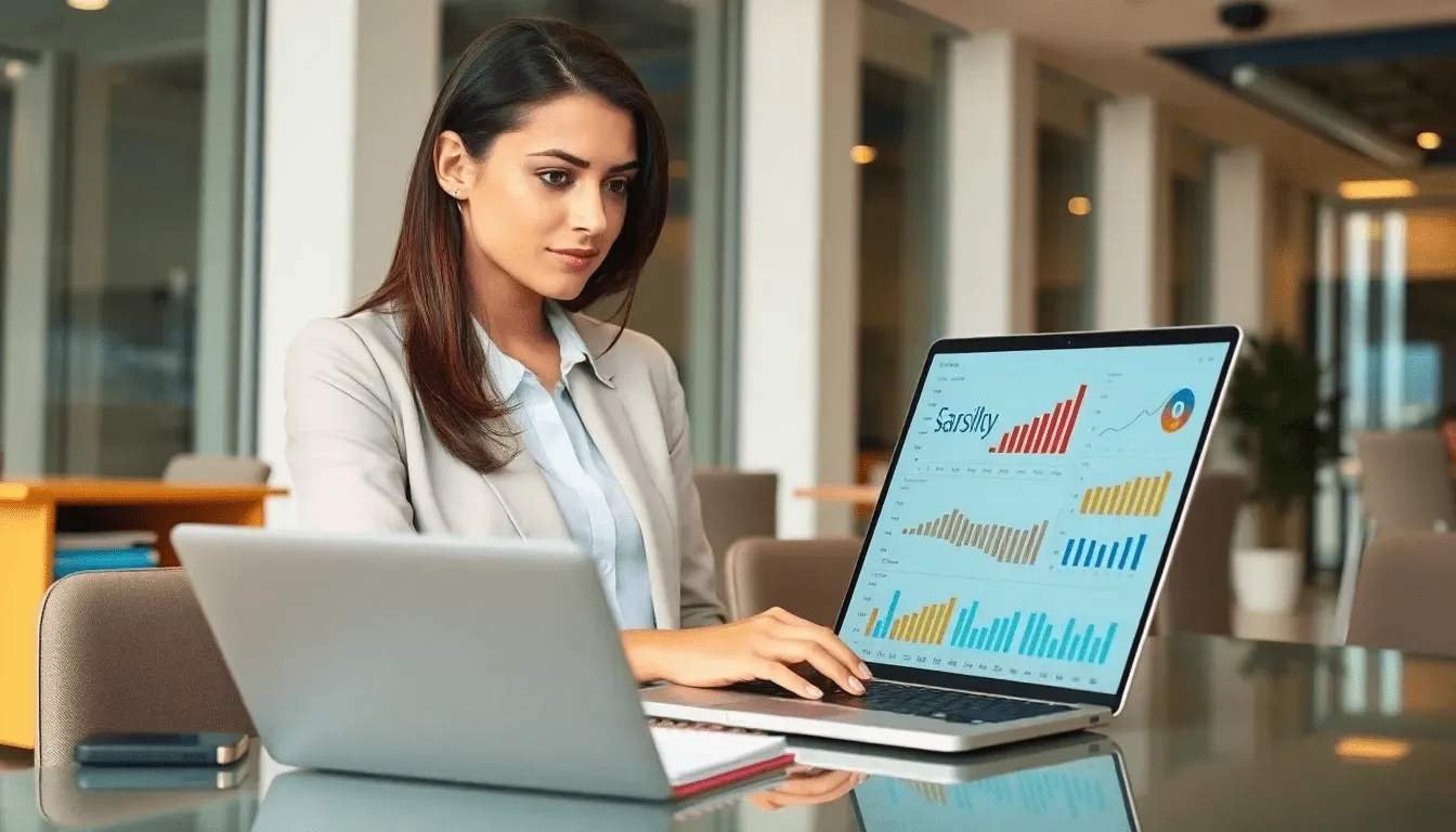 девушка предприниматель анализирует продвижение интернет-магазина через ноутбук