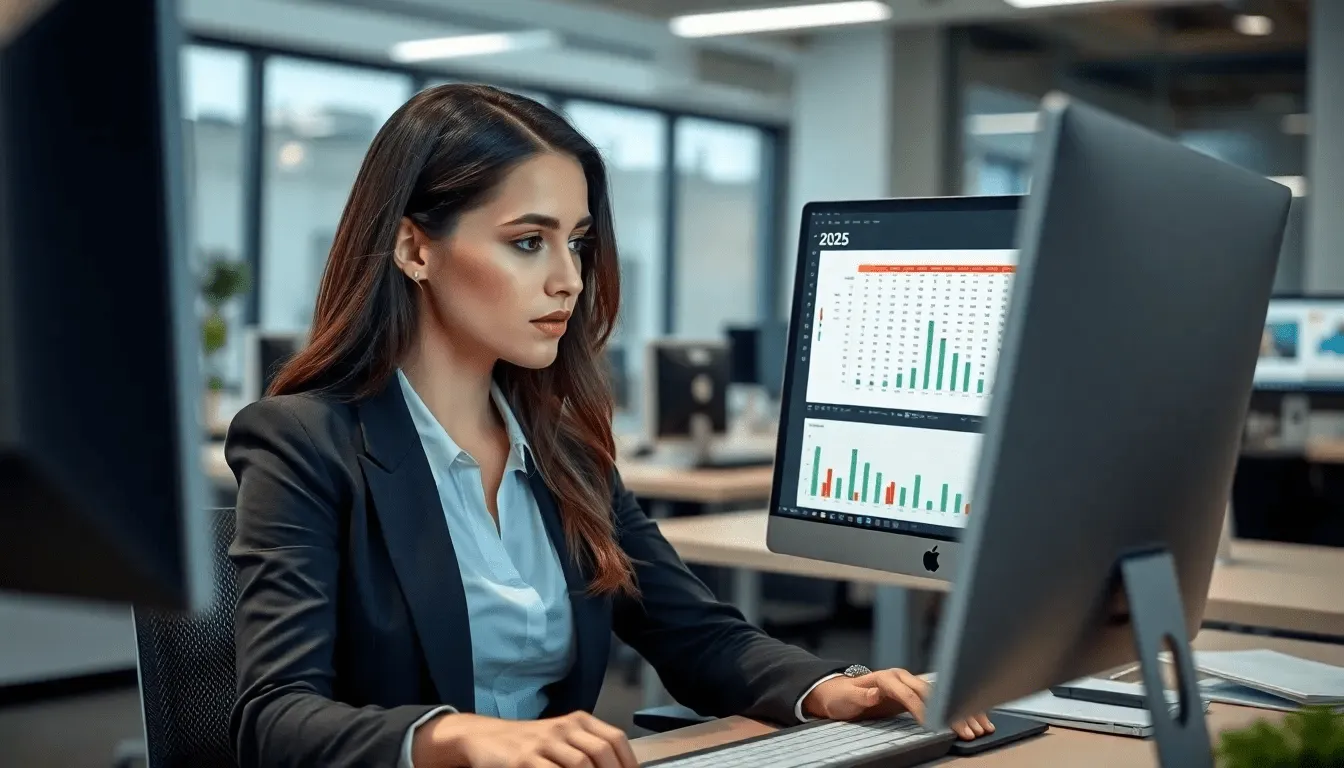 Девушка в деловом костюме анализирует данные для выбора ниш 2025 в e-commerce.