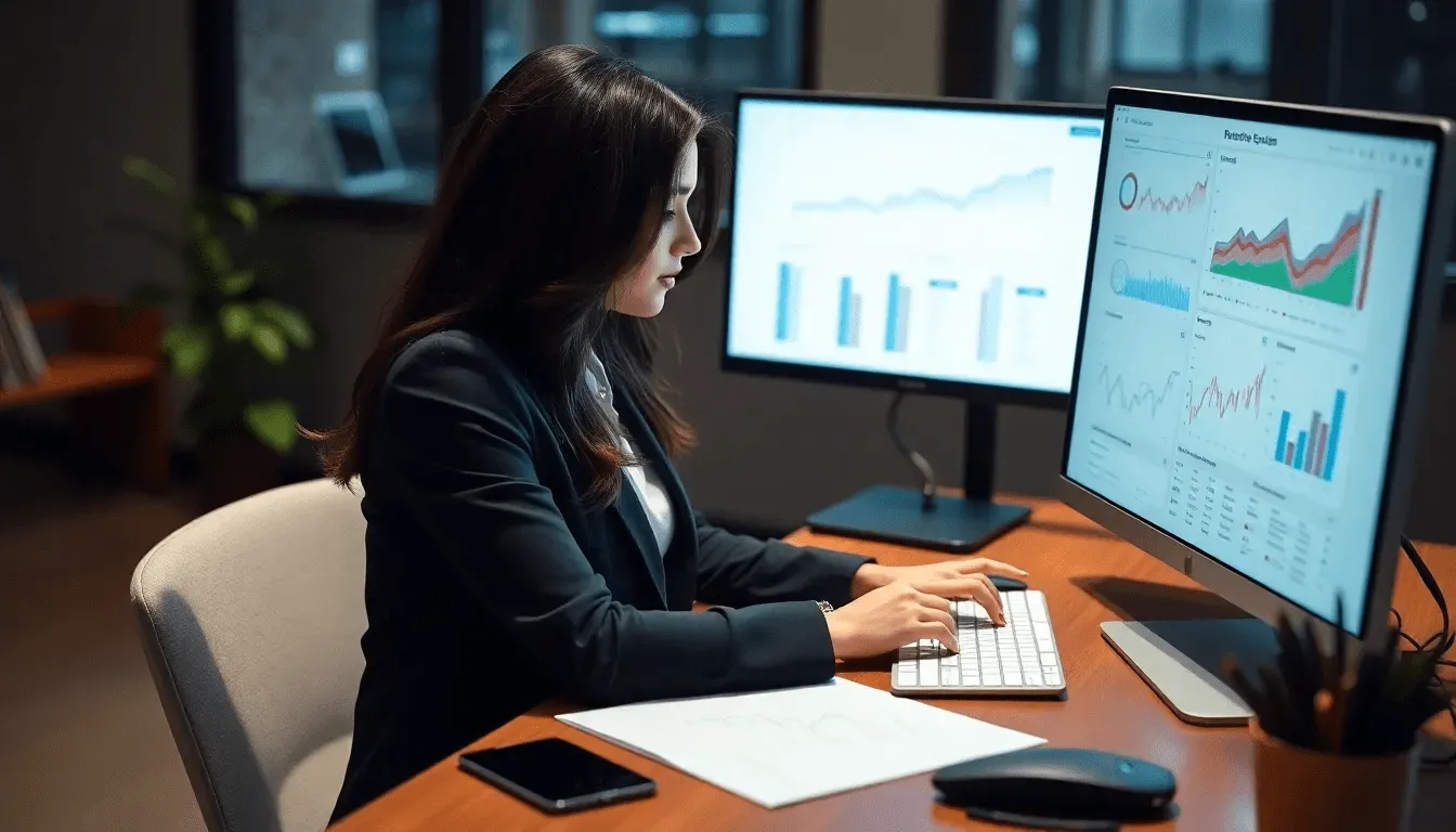 Девушка в деловом костюме анализирует графики для SEO продвижения сайта.