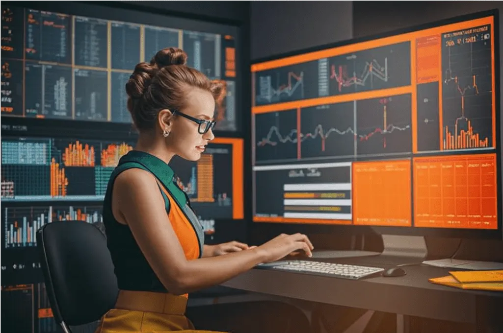 динамическое ценообразование Девушка-аналитик использует дашборд для динамического ценообразования и прогнозирования цен.