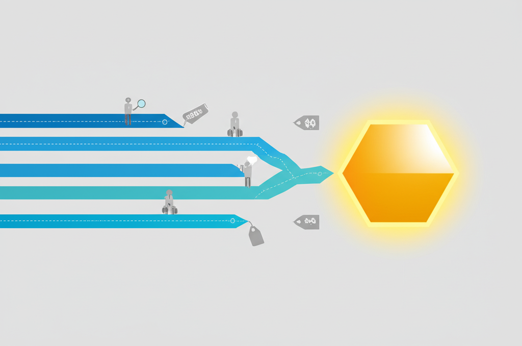 Инфографика, иллюстрирующая работа с типами клиентов модель покупки, где показаны разные пути потребителей к продукту.