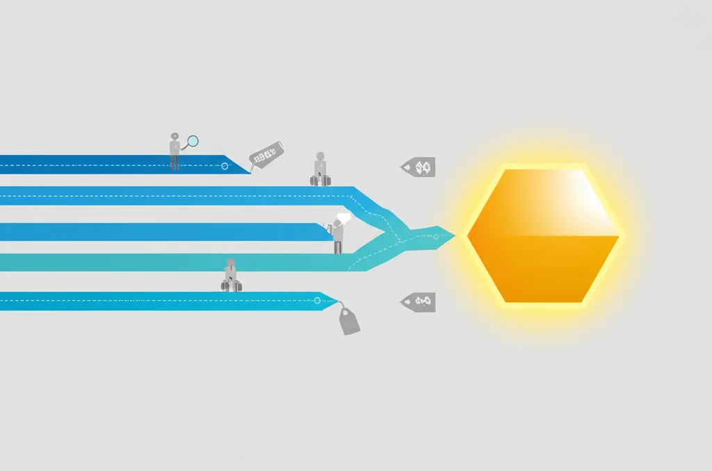 Инфографика, иллюстрирующая работа с типами клиентов модель покупки, где показаны разные пути потребителей к продукту.