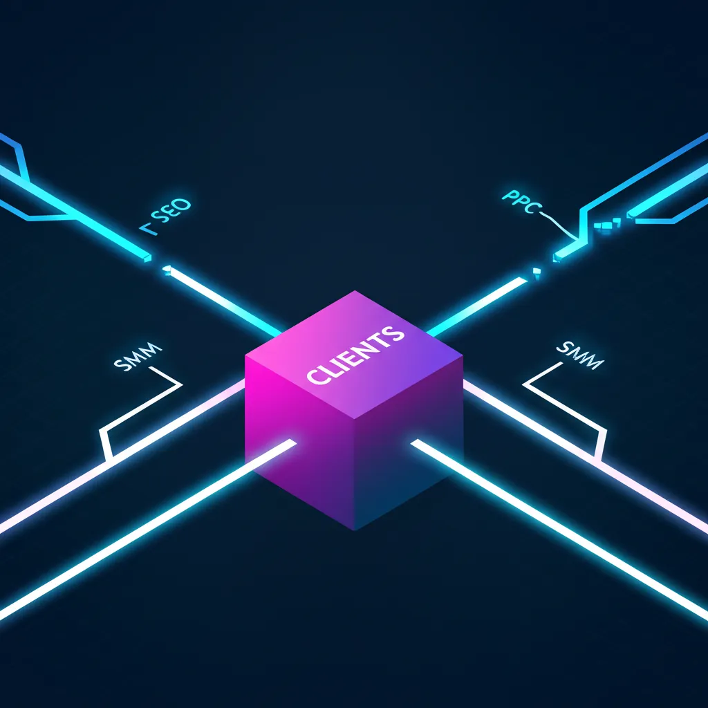 Схема, иллюстрирующая как приобретать клиентов, каналы для тестирования и выбора наиболее эффективных.