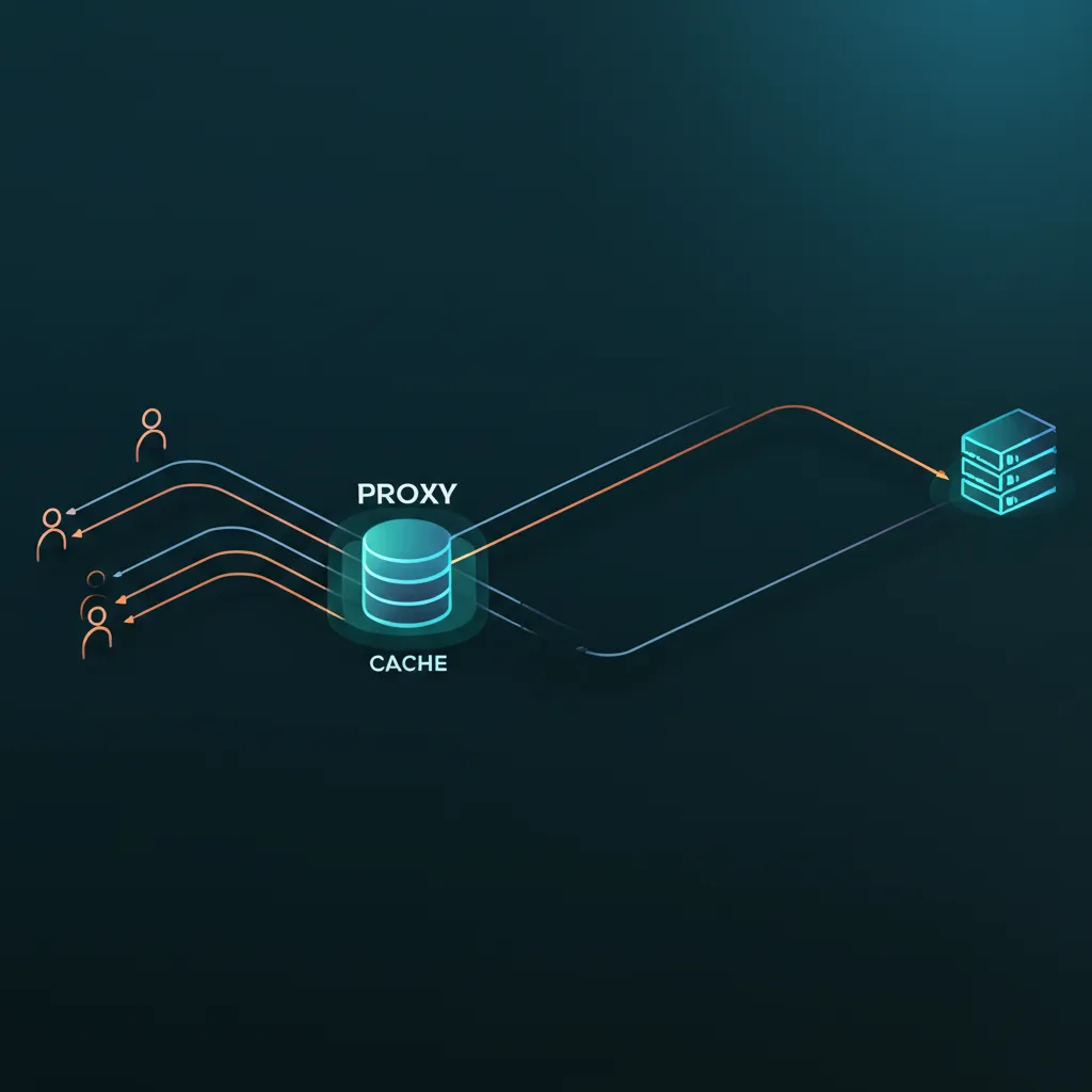 Схематическая иллюстрация, демонстрирующая кеширование для оптимизации трафика на прокси.