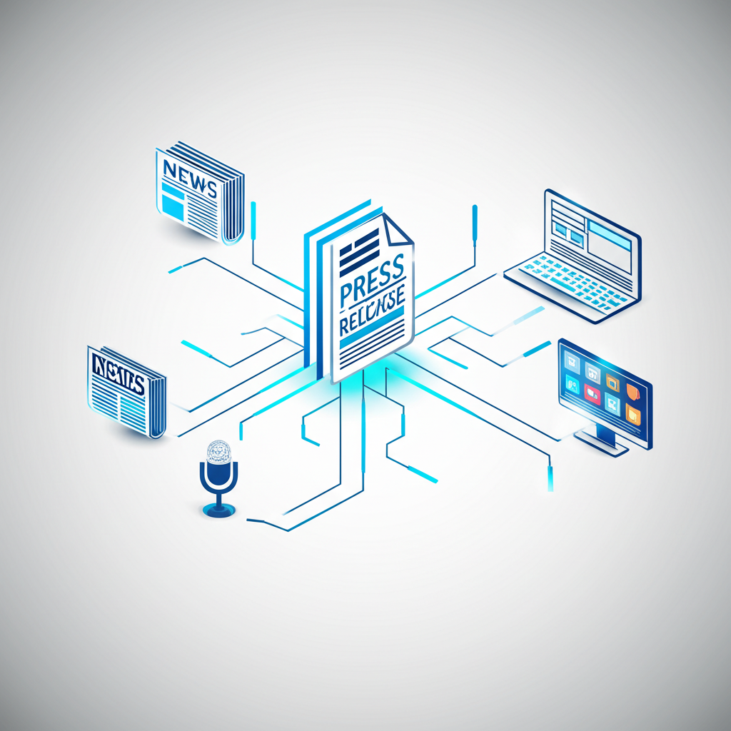 Визуальная схема, показывающая эффективное распространение пресс релизов по различным медиаканалам.