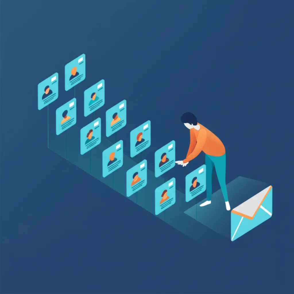 Процесс составления списков рассылки по электронной почте: инфографика сбора и организации контактов.