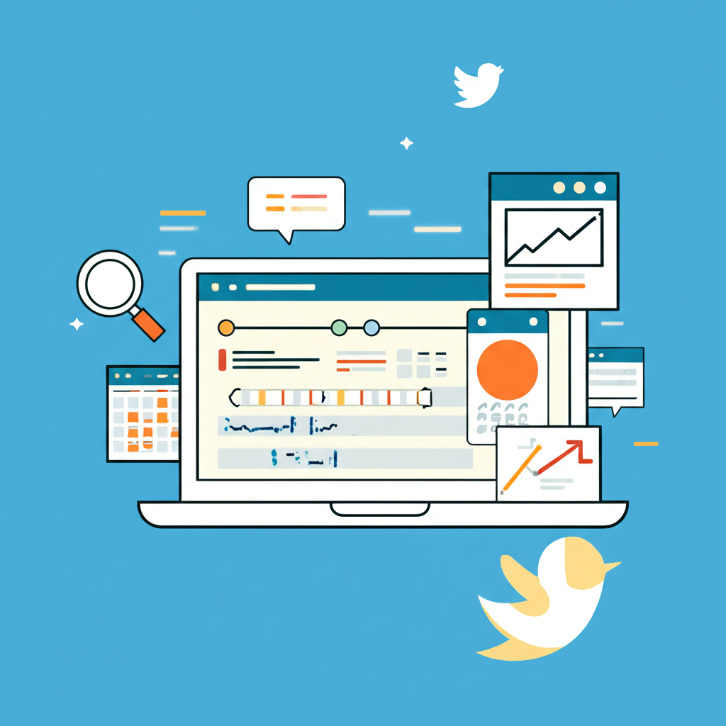 Инструменты и стратегия маркетинга Twitter: инфографика с элементами аналитики и планирования.