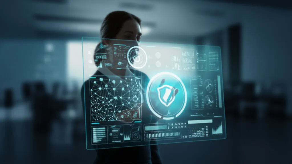 Интерактивный интерфейс и графики, иллюстрирующие модели цифровой трансформации для защиты бизнеса.