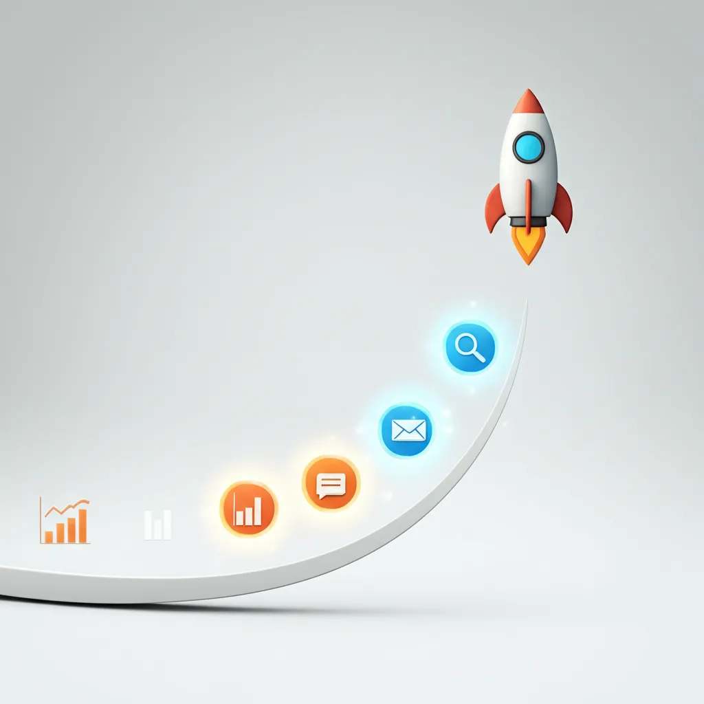 Концептуальная инфографика, иллюстрирующая маркетинг SaaS за 7 минут с основными каналами продвижения