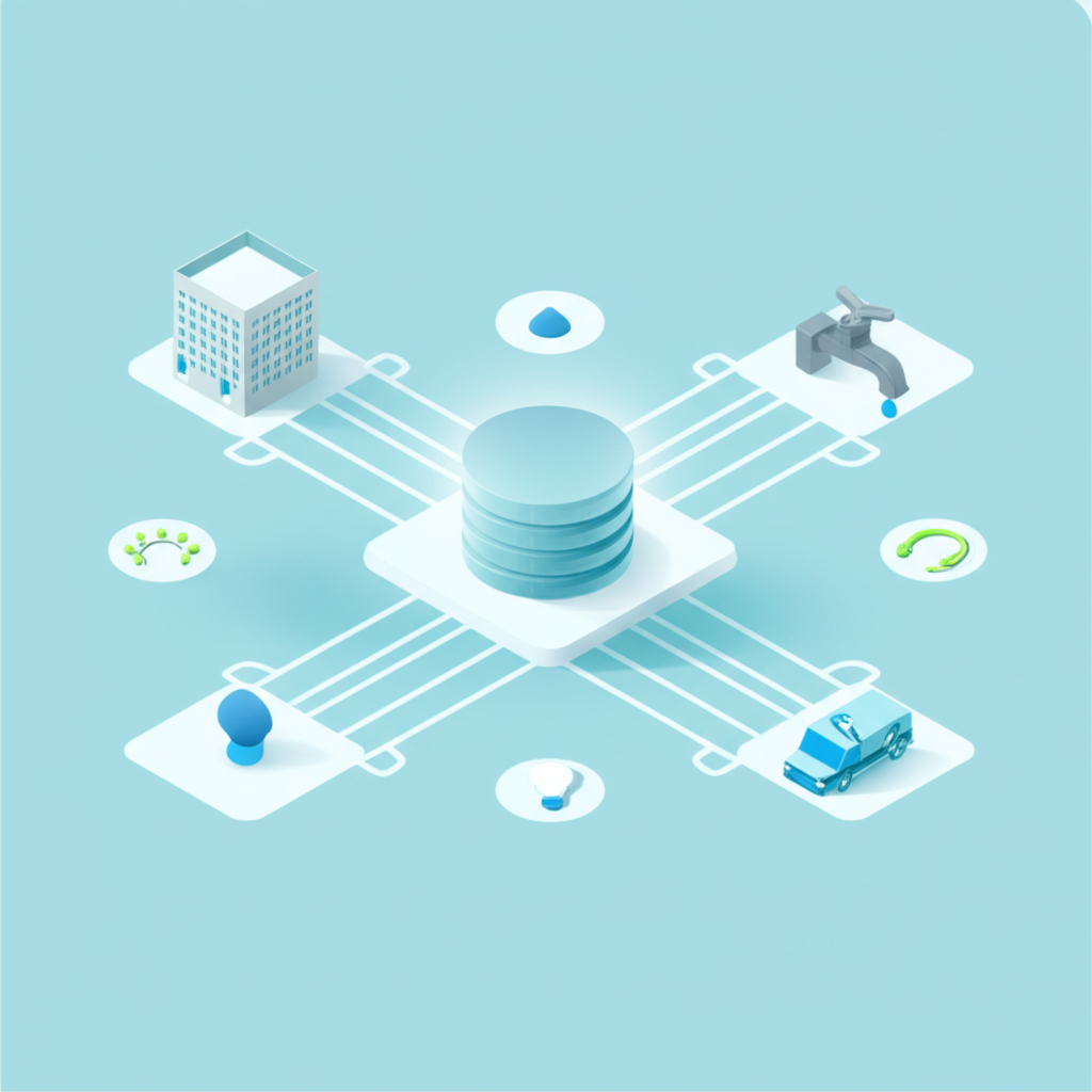 Инфографика, демонстрирующая как работает erp для коммунальных служб: одна база для всех систем, объединяя разные отделы.