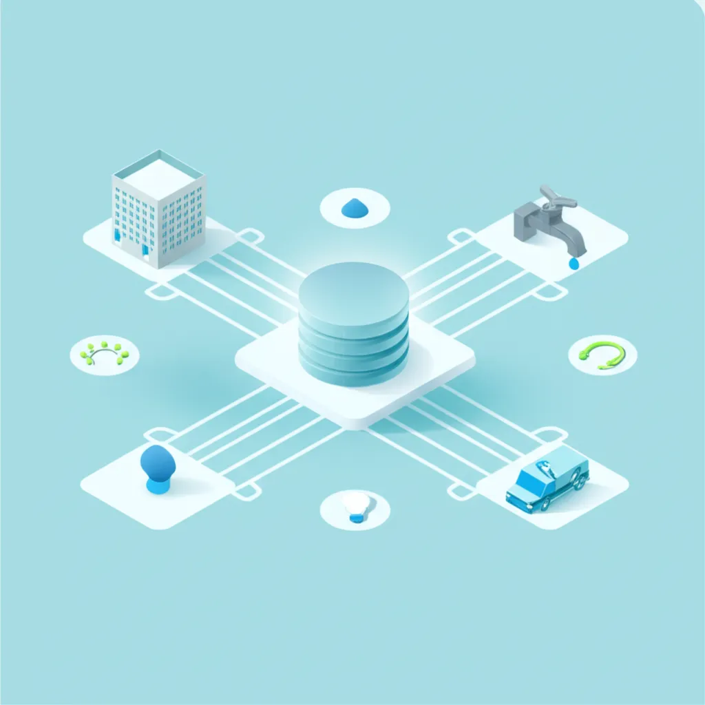 Инфографика, демонстрирующая как работает erp для коммунальных служб: одна база для всех систем, объединяя разные отделы.