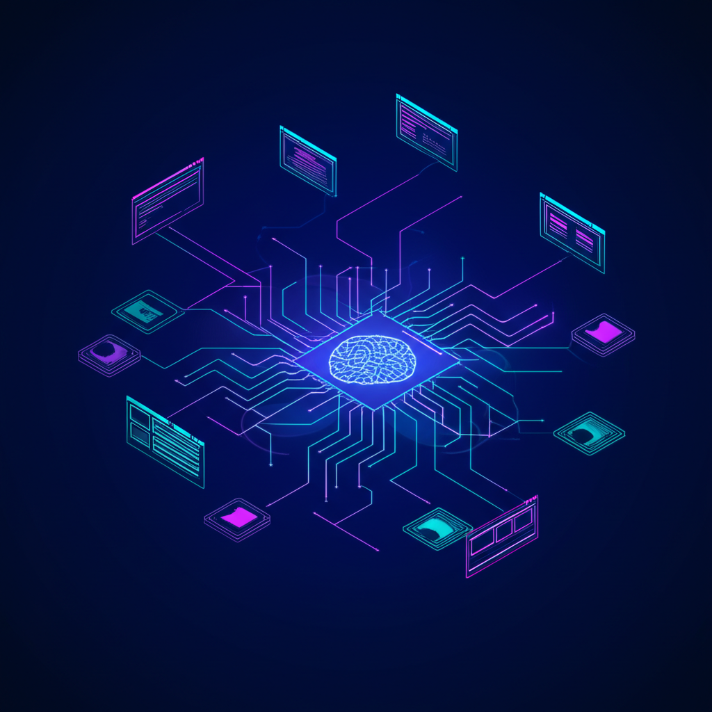 Абстрактная визуализация, показывающая как происходит эволюция веб-скрапинга в seo 2025 с помощью искусственного интеллекта.